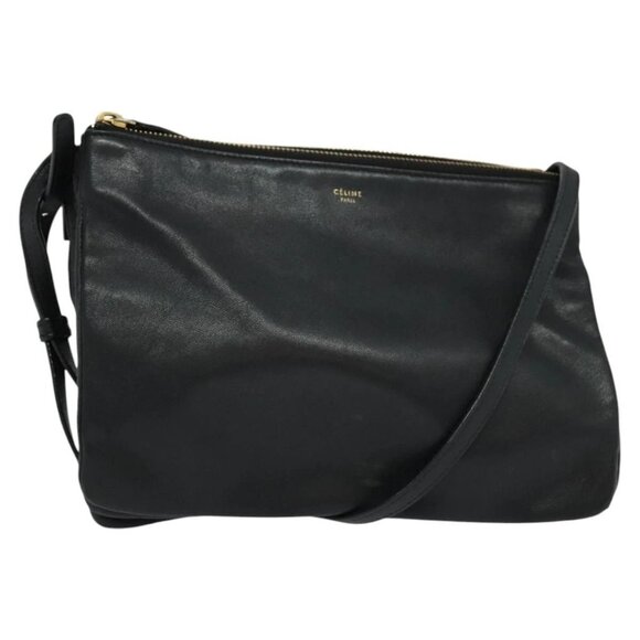 CELINE Trio Shoulder Bag Leather Black Gold Auth 121836 - Picture 1 of 16